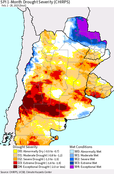 Southern South America SPI 1-Month Drought Severity (CHIRPS) Thematic Map For 2/1/2023 - 2/28/2023