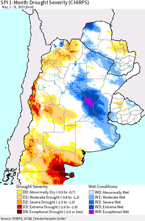 Southern South America SPI 1-Month Drought Severity (CHIRPS) Thematic Map For 5/1/2023 - 5/31/2023