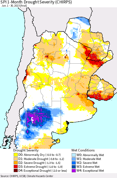 Southern South America SPI 1-Month Drought Severity (CHIRPS) Thematic Map For 6/1/2023 - 6/30/2023