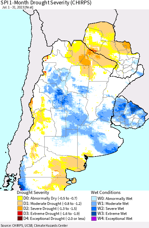 Southern South America SPI 1-Month Drought Severity (CHIRPS) Thematic Map For 7/1/2023 - 7/31/2023