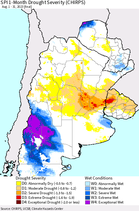 Southern South America SPI 1-Month Drought Severity (CHIRPS) Thematic Map For 8/1/2023 - 8/31/2023