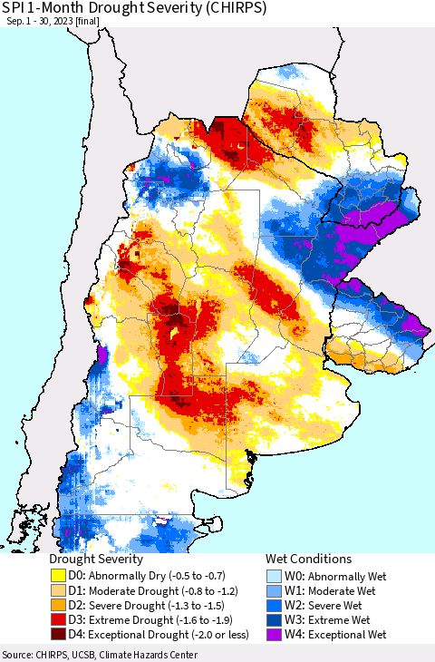 Southern South America SPI 1-Month Drought Severity (CHIRPS) Thematic Map For 9/1/2023 - 9/30/2023