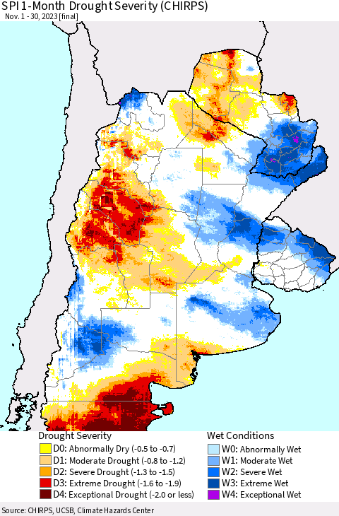 Southern South America SPI 1-Month Drought Severity (CHIRPS) Thematic Map For 11/1/2023 - 11/30/2023