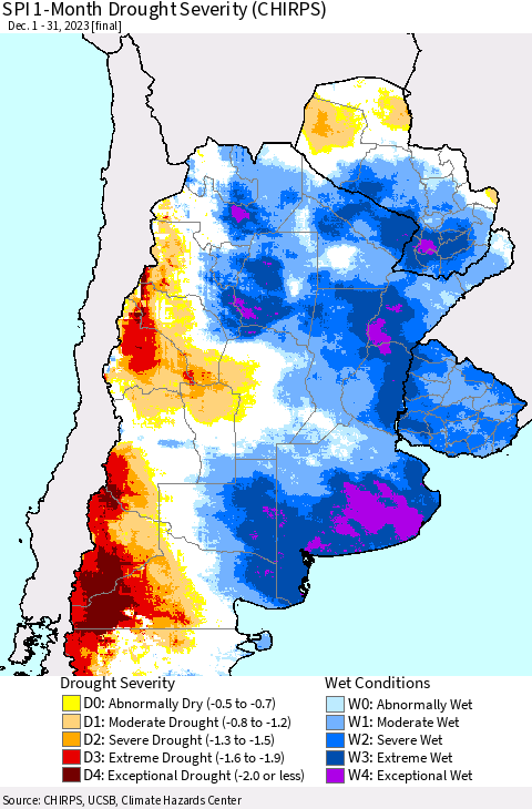 Southern South America SPI 1-Month Drought Severity (CHIRPS) Thematic Map For 12/1/2023 - 12/31/2023