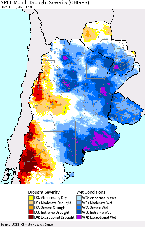 Southern South America SPI 1-Month Drought Severity (CHIRPS) Thematic Map For 12/1/2023 - 12/31/2023
