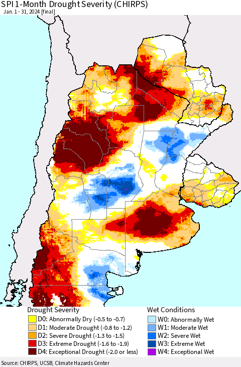 Southern South America SPI 1-Month Drought Severity (CHIRPS) Thematic Map For 1/1/2024 - 1/31/2024