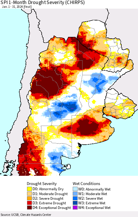 Southern South America SPI 1-Month Drought Severity (CHIRPS) Thematic Map For 1/1/2024 - 1/31/2024