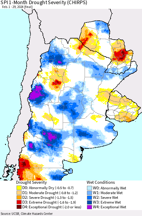 Southern South America SPI 1-Month Drought Severity (CHIRPS) Thematic Map For 2/1/2024 - 2/29/2024