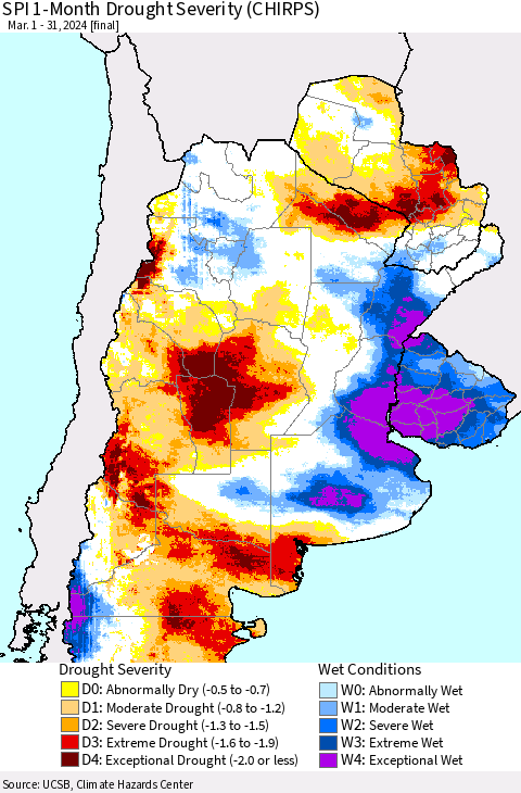Southern South America SPI 1-Month Drought Severity (CHIRPS) Thematic Map For 3/1/2024 - 3/31/2024