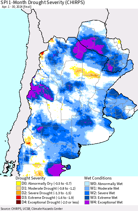 Southern South America SPI 1-Month Drought Severity (CHIRPS) Thematic Map For 4/1/2024 - 4/30/2024