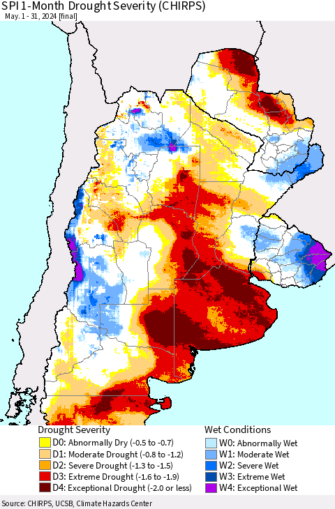 Southern South America SPI 1-Month Drought Severity (CHIRPS) Thematic Map For 5/1/2024 - 5/31/2024
