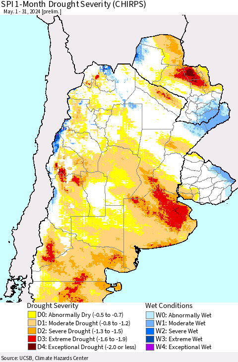 Southern South America SPI 1-Month Drought Severity (CHIRPS) Thematic Map For 5/1/2024 - 5/31/2024