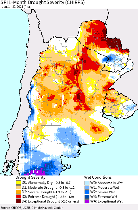 Southern South America SPI 1-Month Drought Severity (CHIRPS) Thematic Map For 6/1/2024 - 6/30/2024
