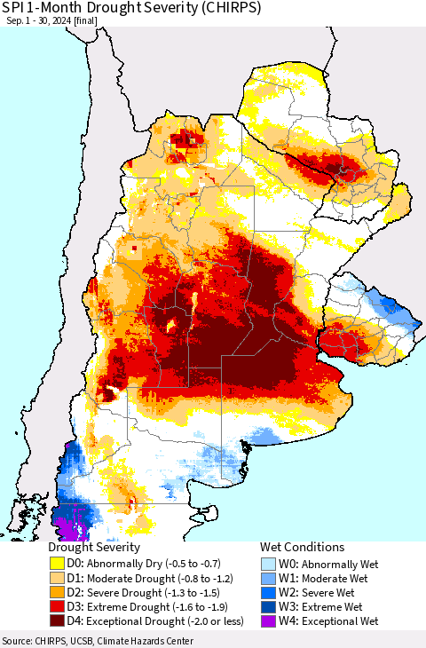 Southern South America SPI 1-Month Drought Severity (CHIRPS) Thematic Map For 9/1/2024 - 9/30/2024