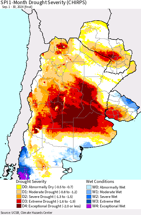 Southern South America SPI 1-Month Drought Severity (CHIRPS) Thematic Map For 9/1/2024 - 9/30/2024