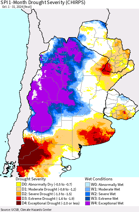 Southern South America SPI 1-Month Drought Severity (CHIRPS) Thematic Map For 10/1/2024 - 10/31/2024