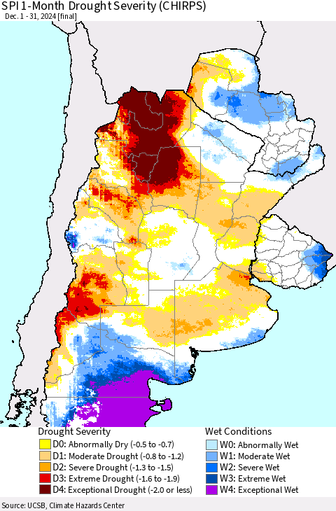 Southern South America SPI 1-Month Drought Severity (CHIRPS) Thematic Map For 12/1/2024 - 12/31/2024