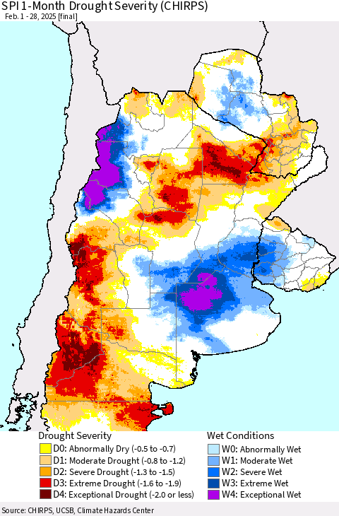 Southern South America SPI 1-Month Drought Severity (CHIRPS) Thematic Map For 2/1/2025 - 2/28/2025