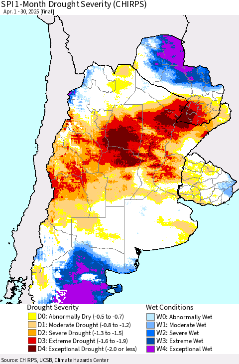 Southern South America SPI 1-Month Drought Severity (CHIRPS) Thematic Map For 4/1/2025 - 4/30/2025