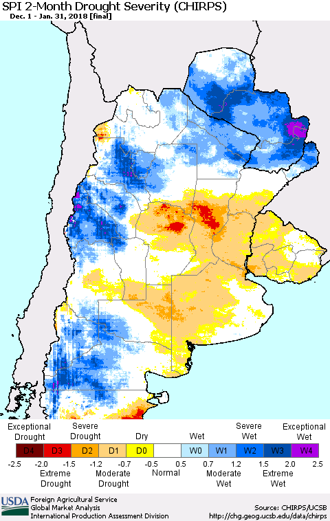 Southern South America SPI 2-Month Drought Severity (CHIRPS) Thematic Map For 12/1/2017 - 1/31/2018