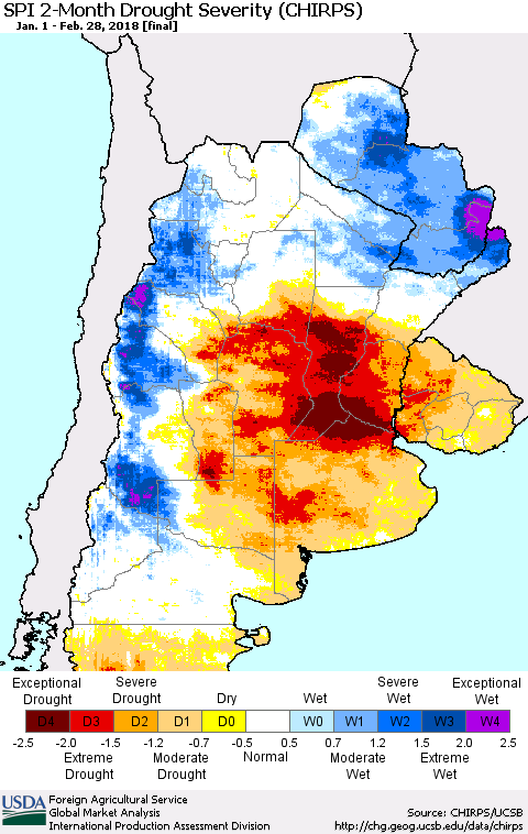 Southern South America SPI 2-Month Drought Severity (CHIRPS) Thematic Map For 1/1/2018 - 2/28/2018