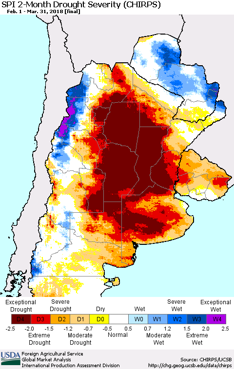 Southern South America SPI 2-Month Drought Severity (CHIRPS) Thematic Map For 2/1/2018 - 3/31/2018