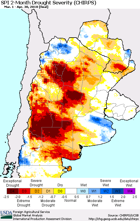 Southern South America SPI 2-Month Drought Severity (CHIRPS) Thematic Map For 3/1/2018 - 4/30/2018
