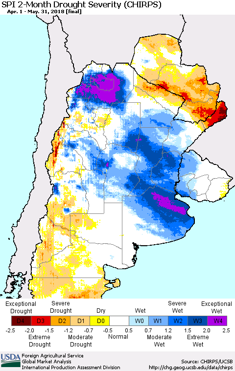 Southern South America SPI 2-Month Drought Severity (CHIRPS) Thematic Map For 4/1/2018 - 5/31/2018