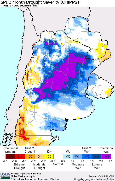 Southern South America SPI 2-Month Drought Severity (CHIRPS) Thematic Map For 5/1/2018 - 6/30/2018