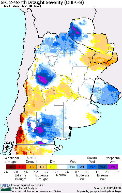 Southern South America SPI 2-Month Drought Severity (CHIRPS) Thematic Map For 7/1/2018 - 8/31/2018