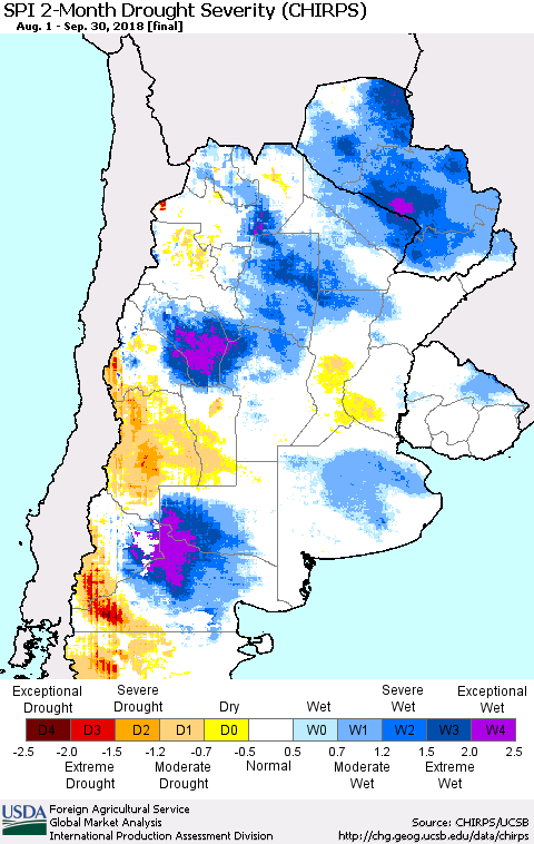 Southern South America SPI 2-Month Drought Severity (CHIRPS) Thematic Map For 8/1/2018 - 9/30/2018