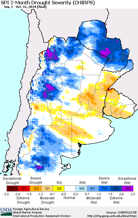 Southern South America SPI 2-Month Drought Severity (CHIRPS) Thematic Map For 9/1/2018 - 10/31/2018