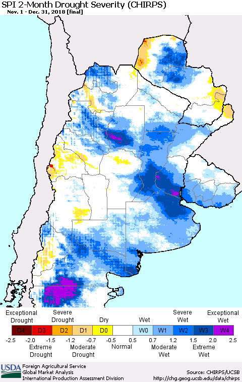 Southern South America SPI 2-Month Drought Severity (CHIRPS) Thematic Map For 11/1/2018 - 12/31/2018