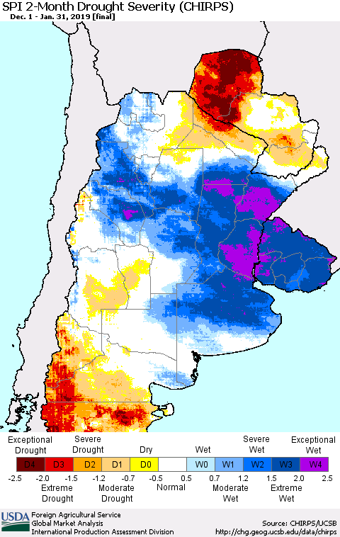 Southern South America SPI 2-Month Drought Severity (CHIRPS) Thematic Map For 12/1/2018 - 1/31/2019