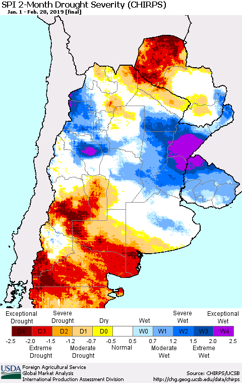 Southern South America SPI 2-Month Drought Severity (CHIRPS) Thematic Map For 1/1/2019 - 2/28/2019
