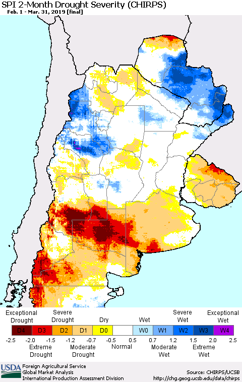 Southern South America SPI 2-Month Drought Severity (CHIRPS) Thematic Map For 2/1/2019 - 3/31/2019