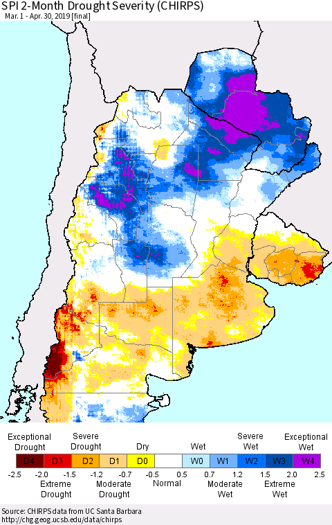 Southern South America SPI 2-Month Drought Severity (CHIRPS) Thematic Map For 3/1/2019 - 4/30/2019
