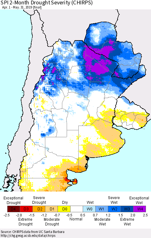 Southern South America SPI 2-Month Drought Severity (CHIRPS) Thematic Map For 4/1/2019 - 5/31/2019