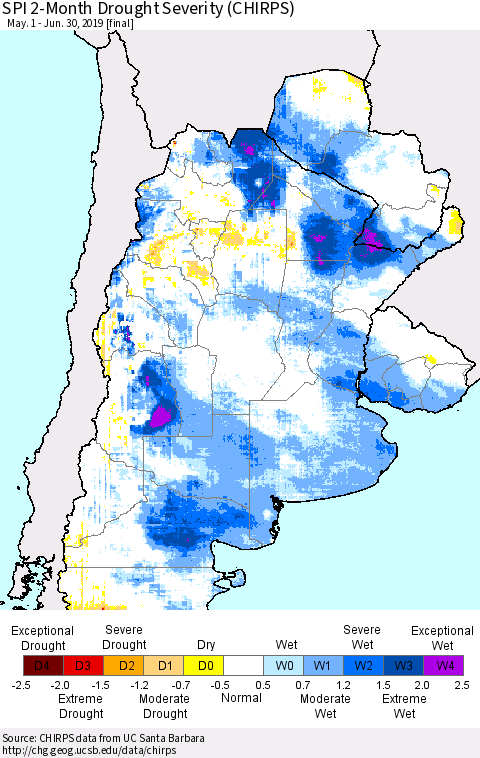 Southern South America SPI 2-Month Drought Severity (CHIRPS) Thematic Map For 5/1/2019 - 6/30/2019