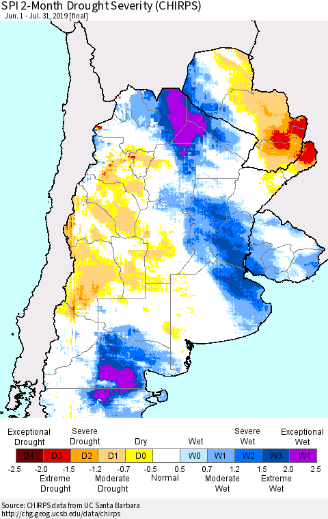 Southern South America SPI 2-Month Drought Severity (CHIRPS) Thematic Map For 6/1/2019 - 7/31/2019
