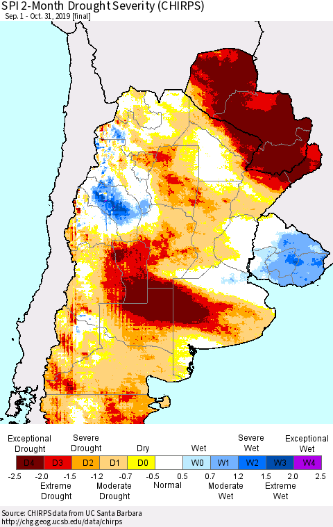 Southern South America SPI 2-Month Drought Severity (CHIRPS) Thematic Map For 9/1/2019 - 10/31/2019