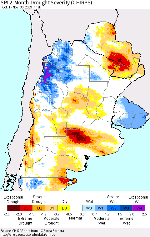 Southern South America SPI 2-Month Drought Severity (CHIRPS) Thematic Map For 10/1/2019 - 11/30/2019