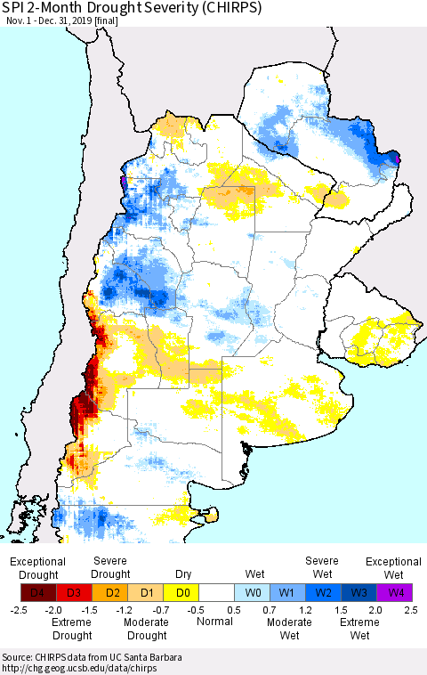 Southern South America SPI 2-Month Drought Severity (CHIRPS) Thematic Map For 11/1/2019 - 12/31/2019