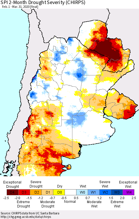 Southern South America SPI 2-Month Drought Severity (CHIRPS) Thematic Map For 2/1/2020 - 3/31/2020
