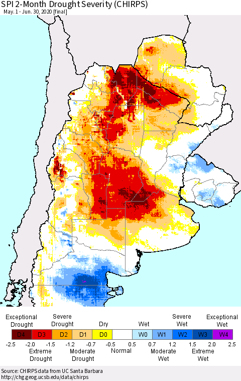 Southern South America SPI 2-Month Drought Severity (CHIRPS) Thematic Map For 5/1/2020 - 6/30/2020