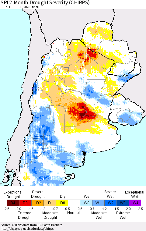 Southern South America SPI 2-Month Drought Severity (CHIRPS) Thematic Map For 6/1/2020 - 7/31/2020