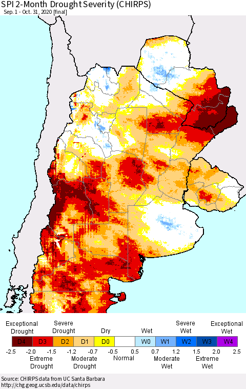 Southern South America SPI 2-Month Drought Severity (CHIRPS) Thematic Map For 9/1/2020 - 10/31/2020