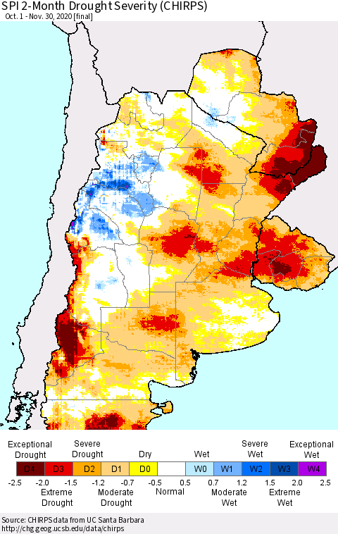 Southern South America SPI 2-Month Drought Severity (CHIRPS) Thematic Map For 10/1/2020 - 11/30/2020
