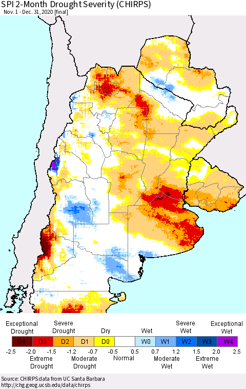 Southern South America SPI 2-Month Drought Severity (CHIRPS) Thematic Map For 11/1/2020 - 12/31/2020