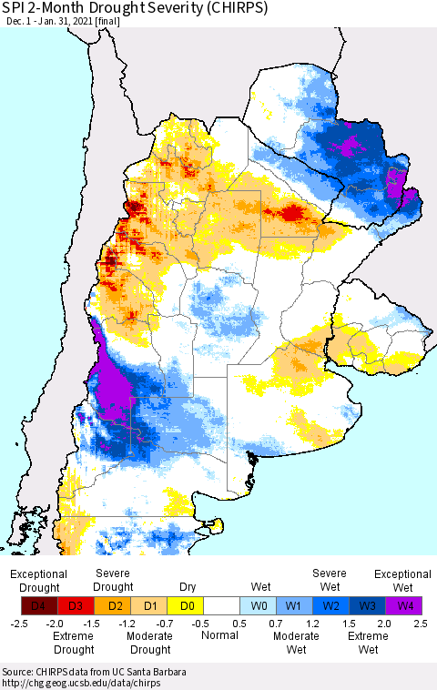 Southern South America SPI 2-Month Drought Severity (CHIRPS) Thematic Map For 12/1/2020 - 1/31/2021